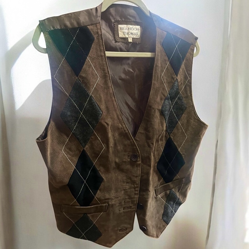 Vintage 90s Brandon Thomas Argyle Academia Western Leather Wool Button Vest Sz L